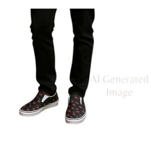 Vans Classic Slip On Red CHERRIES Embroidered Black Base Canvas Sneakers Sz 12